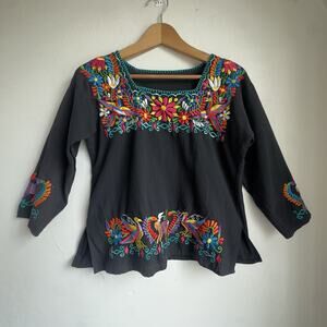 Handmade Mexican Peasant Blouse Black Embroidered Boho Festival Resort Top Sz S